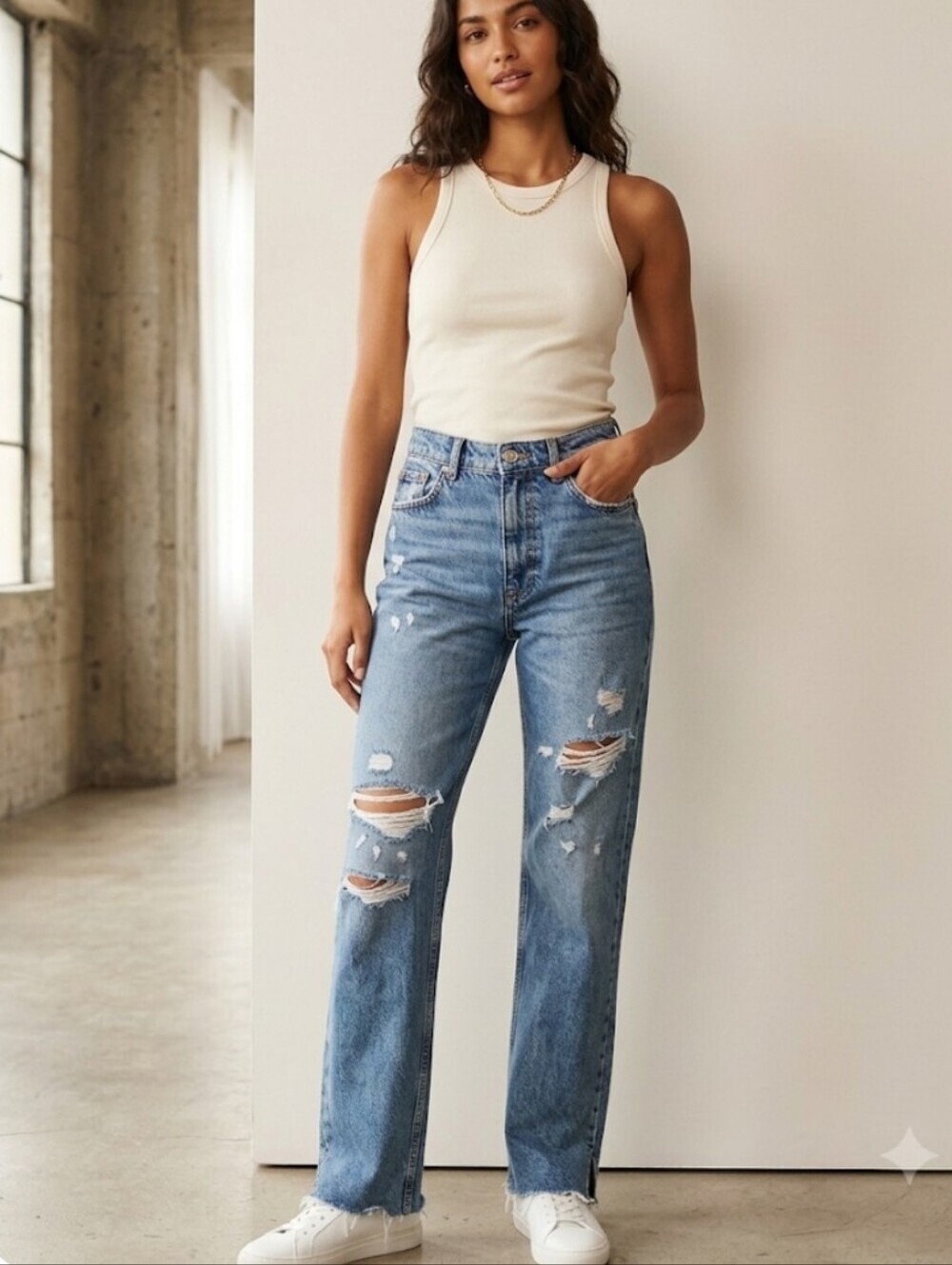 Zara The 90s Full Length Ripped High Rise Jeans Sz 4